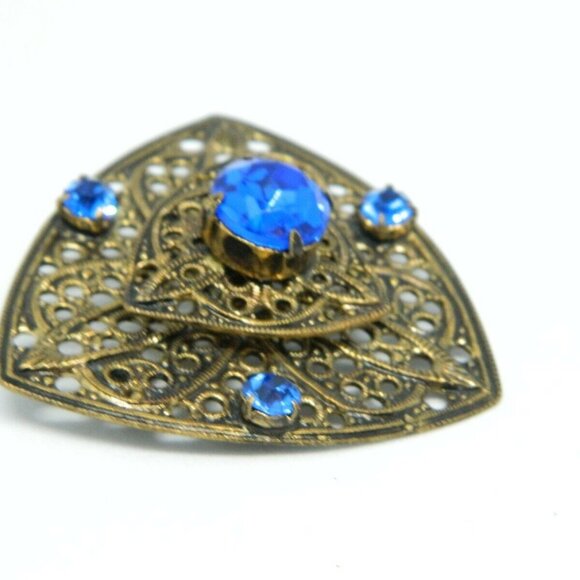 Blue Glass Rhinestone Gold Tone Filigree Shield - Picture 2 of 4